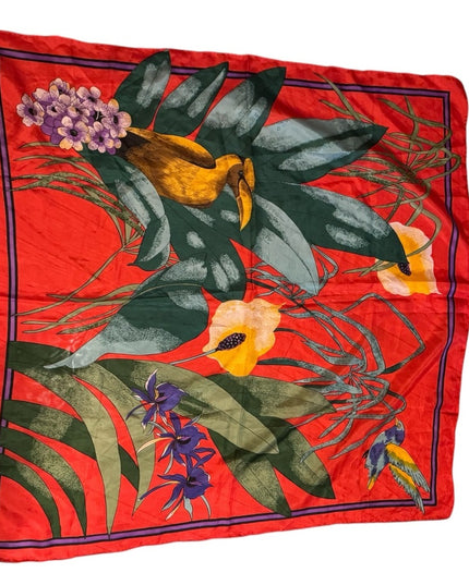 Tropical Red Silk Scarf with Bird and Floral Design