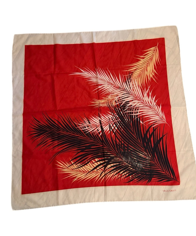 Vintage Floral Red and Black Palm Leaf SILK Scarf Olga Greco