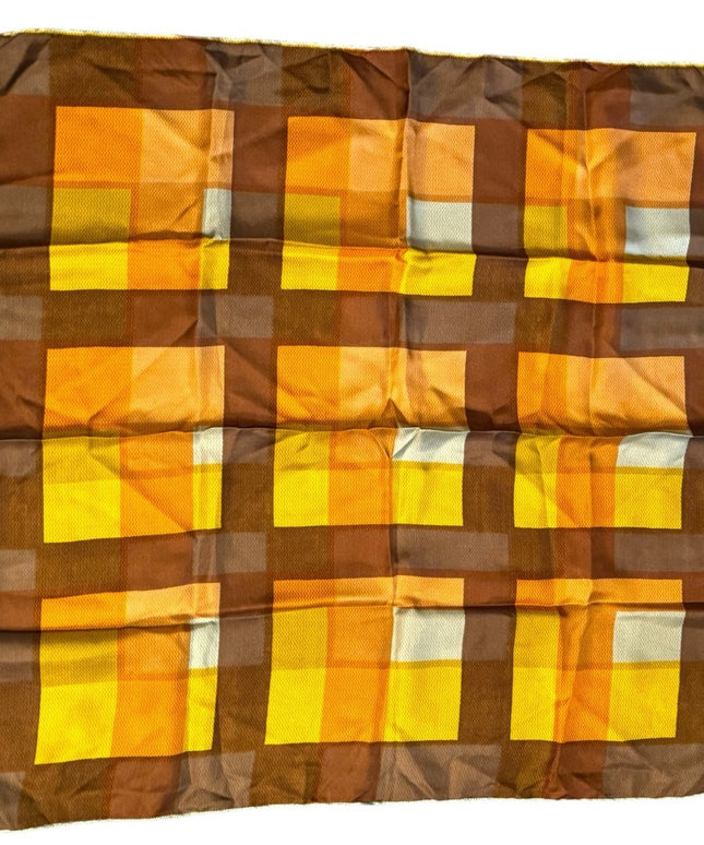 Geometric Vintage Silk Patterned Scarf in Brown and Yellow