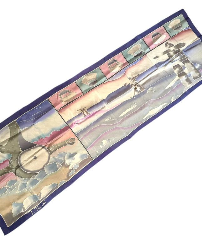 Colorful Silk Scarf Inuit  Design Signed Inushik purple cream