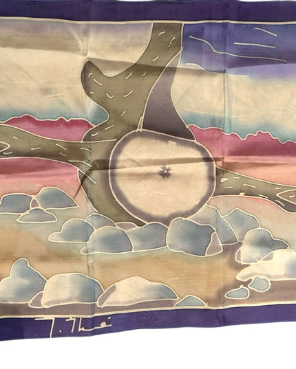 Colorful Silk Scarf Inuit  Design Signed Inushik purple cream