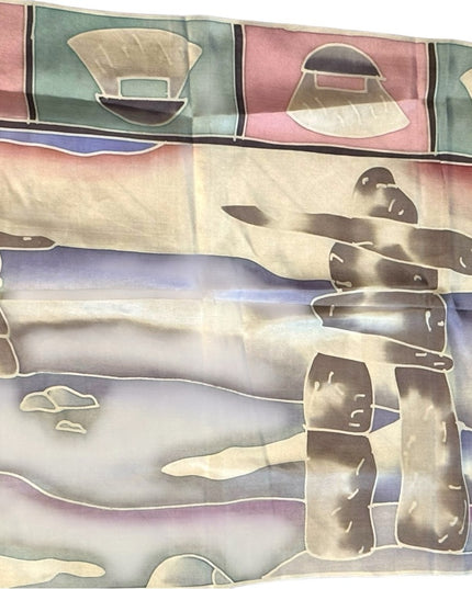 Colorful Silk Scarf Inuit  Design Signed Inushik purple cream