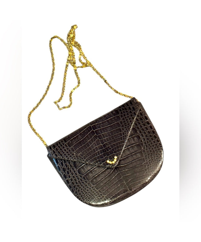 Elegant Vintage Black Crocodile Pattern OLOP Italy Shoulder Bag