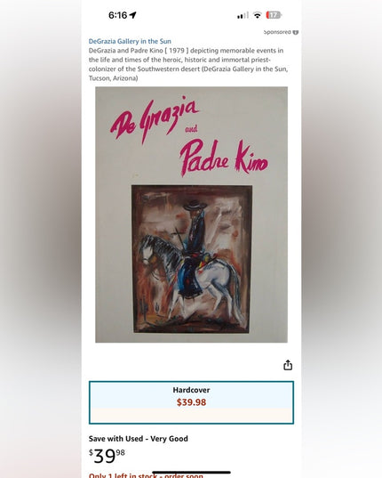 De Grazia and Padre Kino Art Book HC with DJ Vg 1979