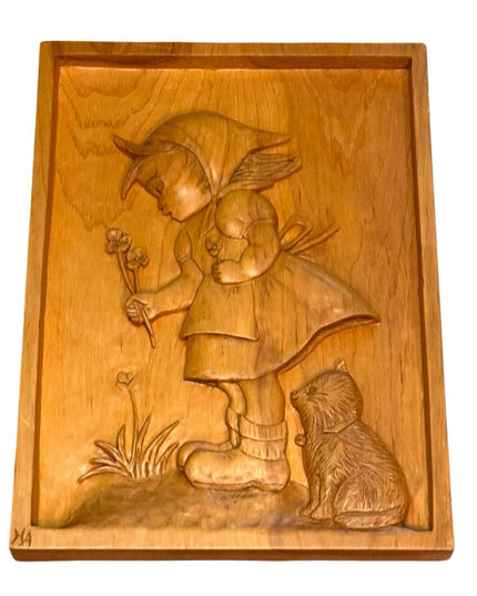 Vintage Wooden hand Carved Wall Art  Girl and Cat wood Hummel Inspired Signed
