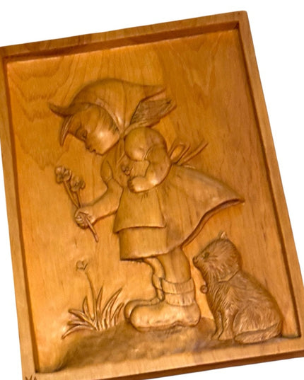 Vintage Wooden hand Carved Wall Art  Girl and Cat wood Hummel Inspired Signed