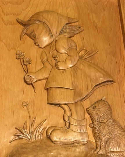 Vintage Wooden hand Carved Wall Art  Girl and Cat wood Hummel Inspired Signed