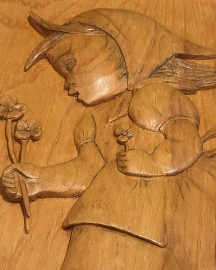 Vintage Wooden hand Carved Wall Art  Girl and Cat wood Hummel Inspired Signed