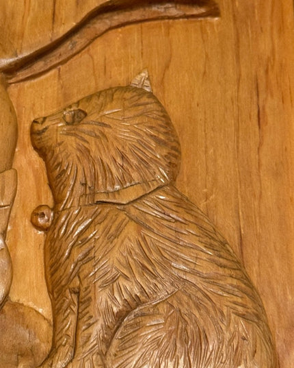 Vintage Wooden hand Carved Wall Art  Girl and Cat wood Hummel Inspired Signed