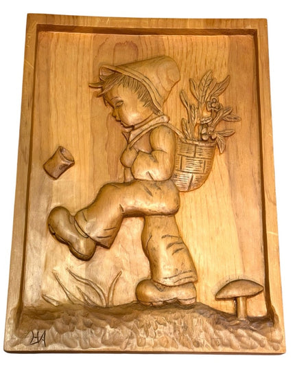 Vintage Wooden hand Carved Wall Art Hummel Inspired Boy and Basket signed wood