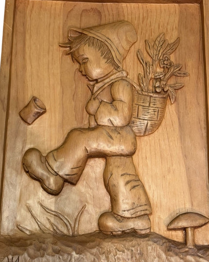 Vintage Wooden hand Carved Wall Art Hummel Inspired Boy and Basket signed wood