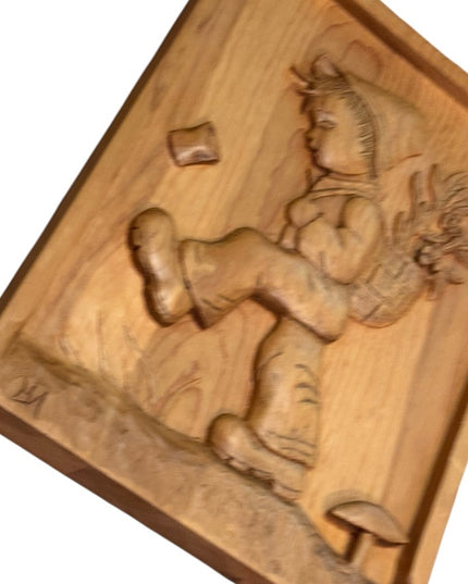Vintage Wooden hand Carved Wall Art Hummel Inspired Boy and Basket signed wood