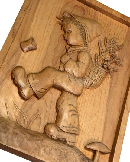Vintage Wooden hand Carved Wall Art Hummel Inspired Boy and Basket signed wood