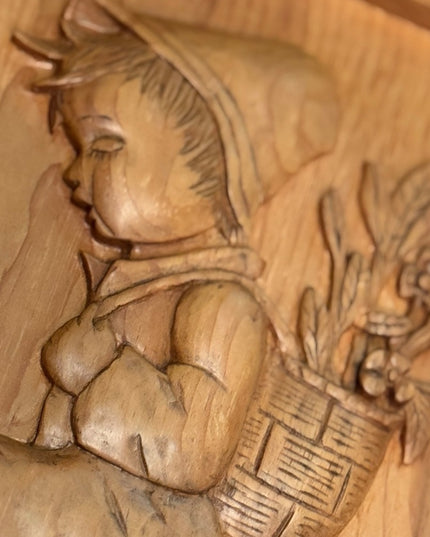 Vintage Wooden hand Carved Wall Art Hummel Inspired Boy and Basket signed wood