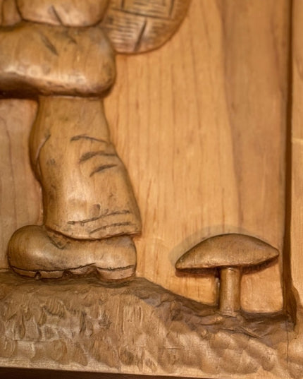 Vintage Wooden hand Carved Wall Art Hummel Inspired Boy and Basket signed wood