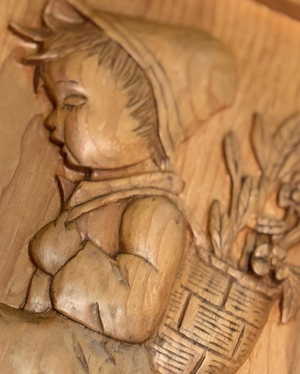 Vintage Wooden hand Carved Wall Art Hummel Inspired Boy and Basket signed wood