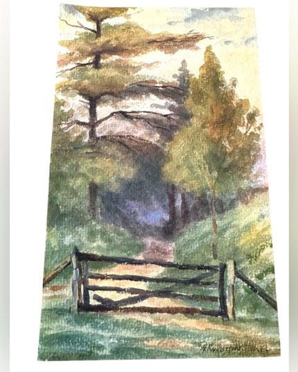Scenic Landscape Painting with Green and Brown Tones Signed watercolor