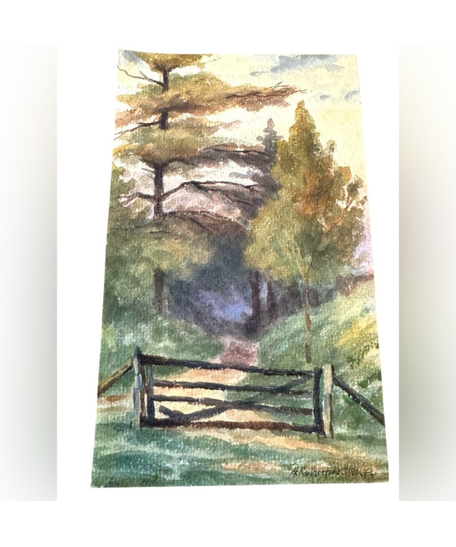 Scenic Landscape Painting with Green and Brown Tones Signed watercolor