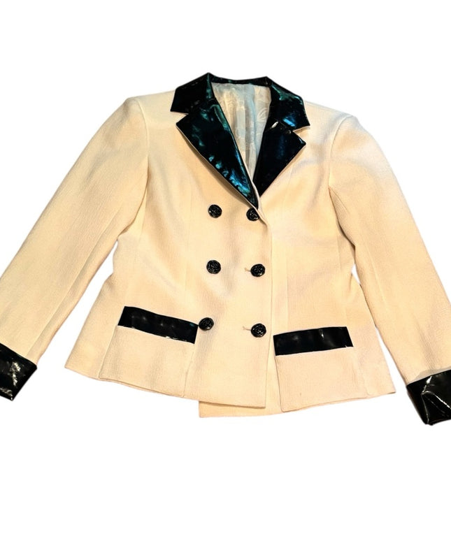 CHANEL Ivory Wool Black Patent Trim JACKET  Women's RARE Blazer COMING SOON