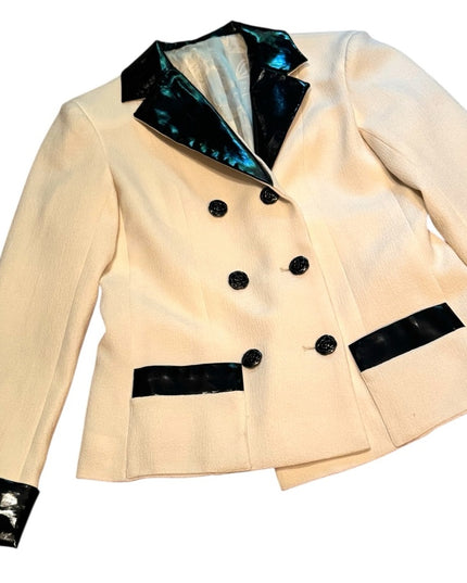 CHANEL Ivory Wool Black Patent Trim JACKET  Women's RARE Blazer COMING SOON