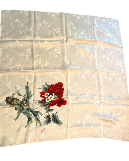 Stunning NWOT Floral Silk Scarf with Red and White Design Japan