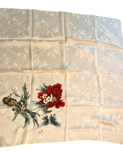 Stunning NWOT Floral Silk Scarf with Red and White Design Japan