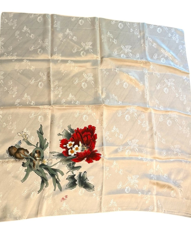 Stunning NWOT Floral Silk Scarf with Red and White Design Japan