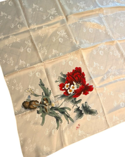 Stunning NWOT Floral Silk Scarf with Red and White Design Japan