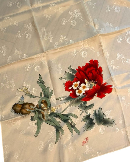 Stunning NWOT Floral Silk Scarf with Red and White Design Japan