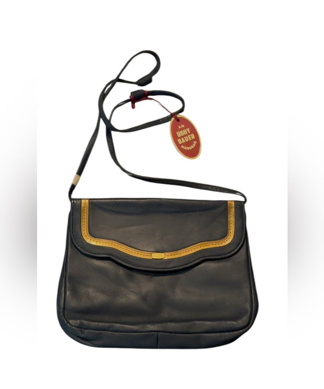 Luxury Ushy Bauer Blue and Gold Women's Leather Shoulder Bag