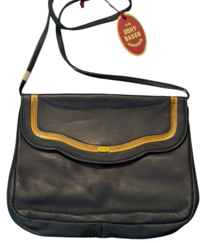 Luxury Ushy Bauer Blue and Gold Women's Leather Shoulder Bag
