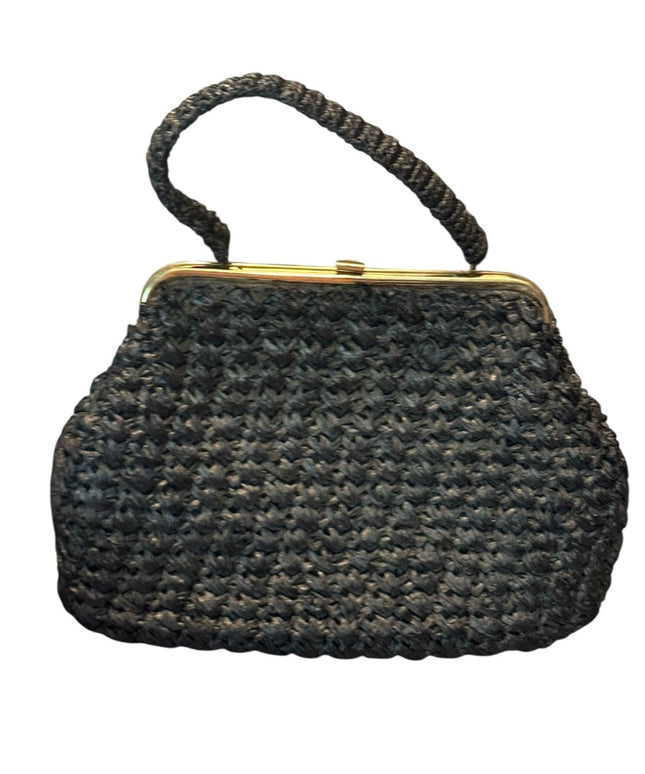 Elegant Vintage Black Woven Straw 1950s Handbag LG