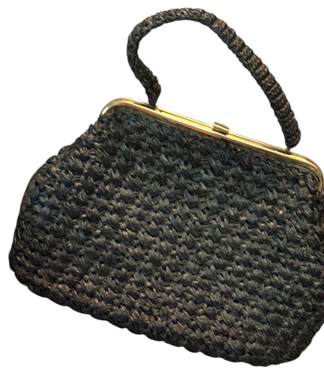 Elegant Vintage Black Woven Straw 1950s Handbag LG