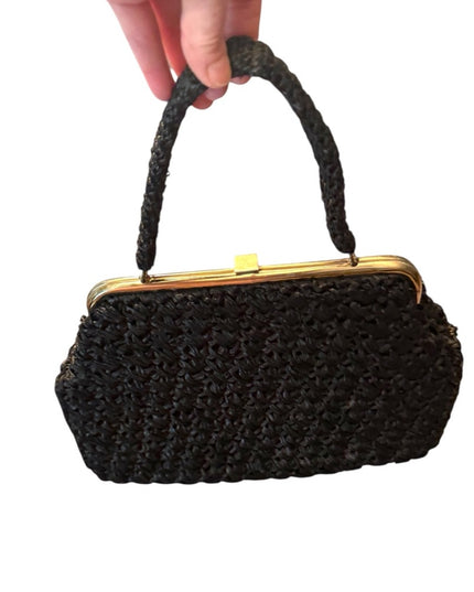 Elegant Vintage Black Woven Straw 1950s Handbag LG