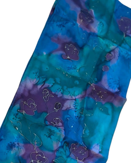 Hanmade dyed SILK Blue and Purple Floral Scarf