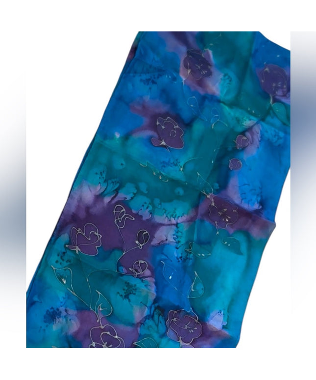 Hanmade dyed SILK Blue and Purple Floral Scarf
