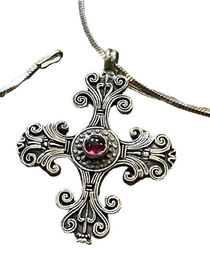 Vintage sterling silver 925 Taxco Mexico TN33 Garnet ornate cross chain …