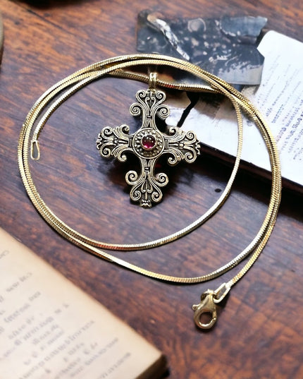 Vintage sterling silver 925 Taxco Mexico TN33 Garnet ornate cross chain …