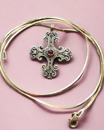 Vintage sterling silver 925 Taxco Mexico TN33 Garnet ornate cross chain …