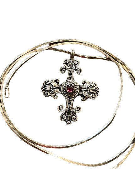 Vintage sterling silver 925 Taxco Mexico TN33 Garnet ornate cross chain …