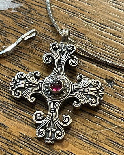 Vintage sterling silver 925 Taxco Mexico TN33 Garnet ornate cross chain …