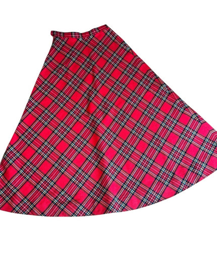 - Vintage 1970s Plaid Red flared long full A Skirt Mid Century Wool