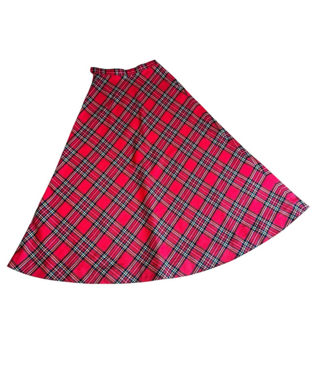 - Vintage 1970s Plaid Red flared long full A Skirt Mid Century Wool