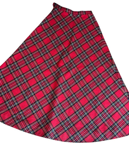 - Vintage 1970s Plaid Red flared long full A Skirt Mid Century Wool