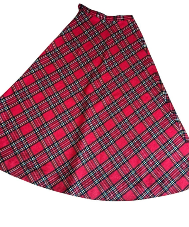 - Vintage 1970s Plaid Red flared long full A Skirt Mid Century Wool