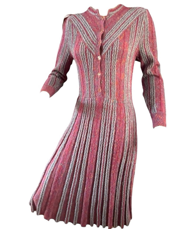 Elegant Vintage Pink and Gray Striped Tricoville Sweater Pleated 1970s Dress