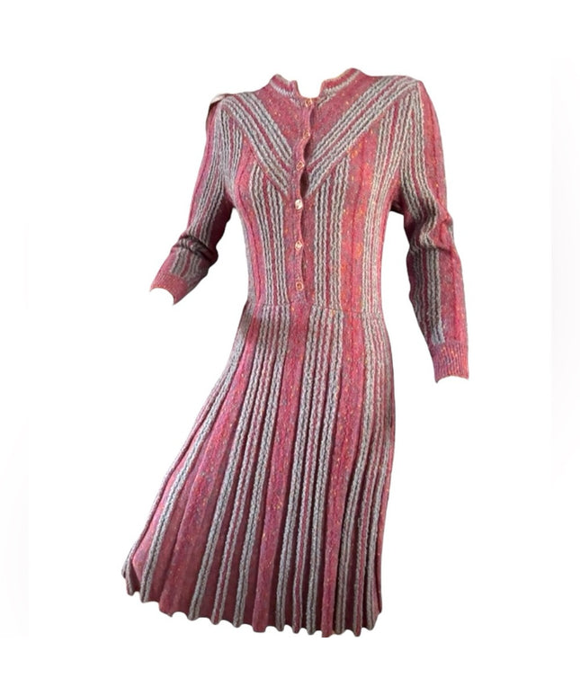 Elegant Vintage Pink and Gray Striped Tricoville Sweater Pleated 1970s Dress