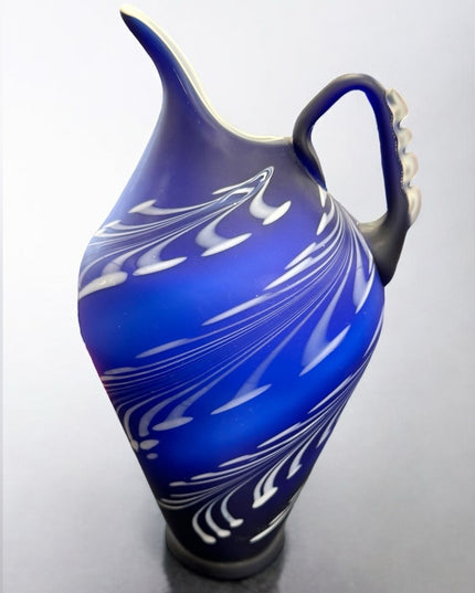 Azerbaijan Hand Blown Pitcher Elegant Blue White Art Glass Vase Vintage