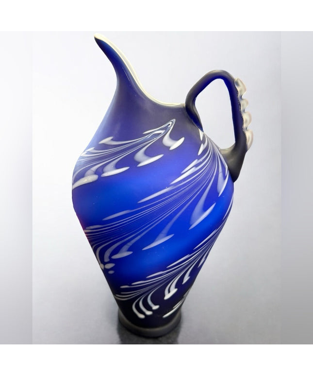 Azerbaijan Hand Blown Pitcher Elegant Blue White Art Glass Vase Vintage
