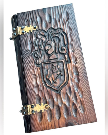 Vintage 1960s Gothic Revival Hand Carved Knight Italy Wood Book Jewelry Box